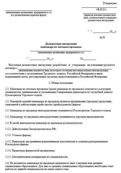 Основные положения должностной инструкции менеджера по продажам