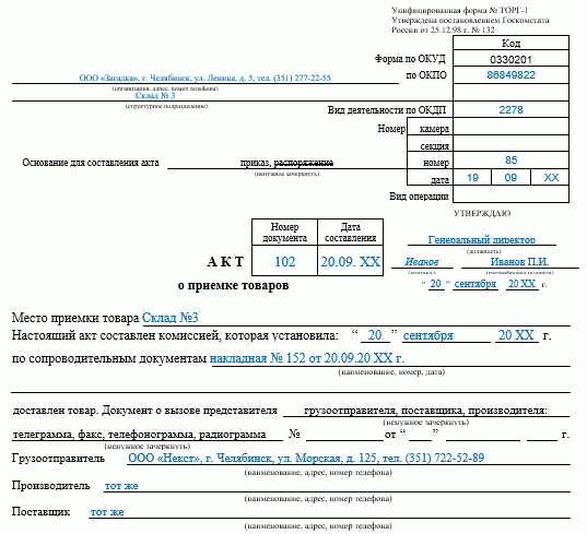 Структура акта расхождения формы ТОРГ-2